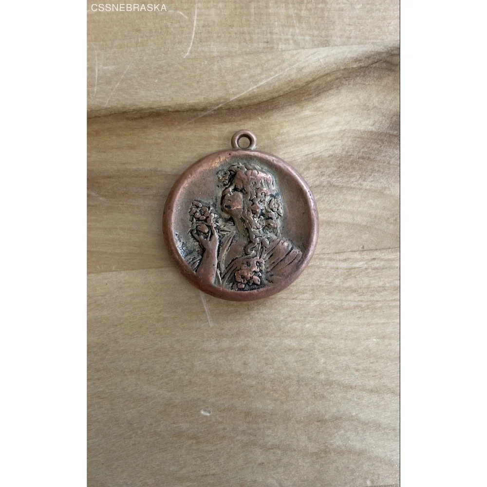 Vintage Art‎ Nouveau Copper Pendant Profile of Woman with Flowers 1 Inch